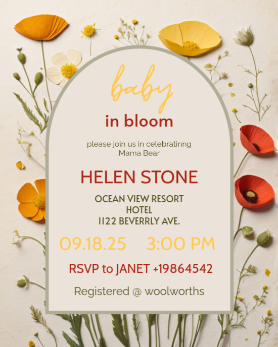 Floral Baby Shower Invitation Invite Card Poster Flyer Banner Church Social Floral Girl Facebook  In Instagram Portrait template