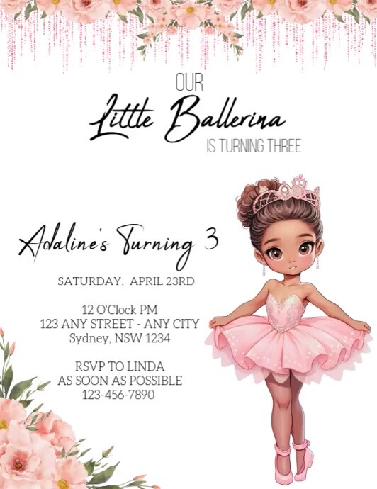 Floral Ballerina, dancer Birthday Invitation Flyer (US Letter) template