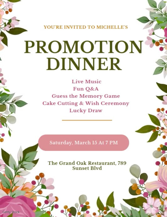 Floral Birthday Dinner Invitation Folheto (US Letter) template
