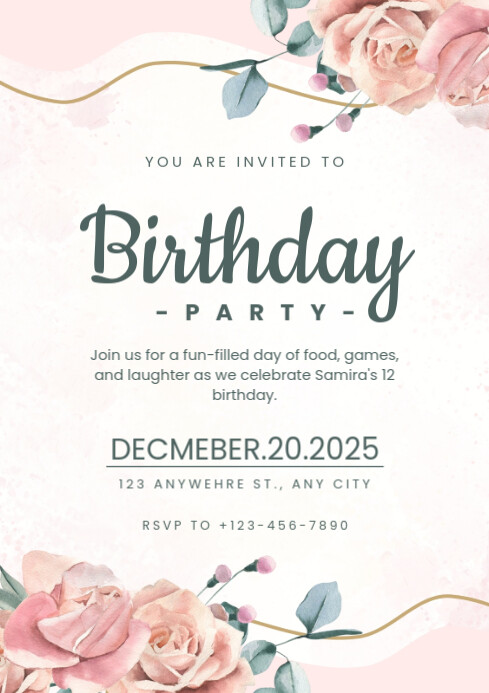 Floral Birthday Party Invitation A4 Template | PosterMyWall