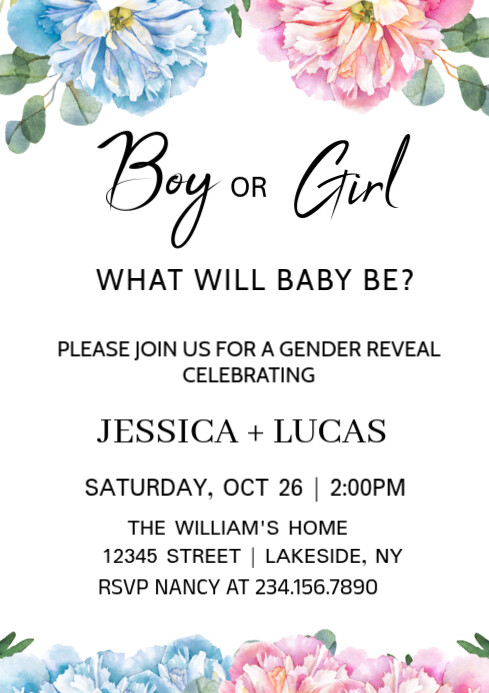 Floral Blue And Pink Flowers Gender Reveal Party Invitation Template  A4