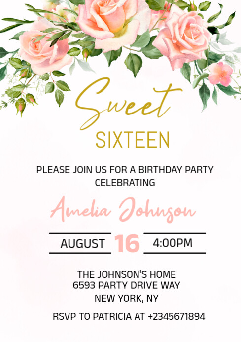 Floral Blush Pink flowers Sweet Sixteen Birthday Invitation Template  A4