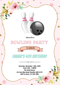 Floral Bowling birthday party invitation A6 template