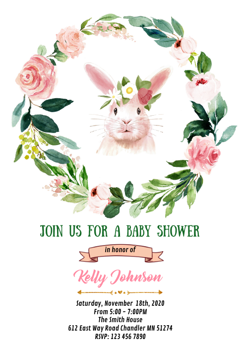 Floral bunny shower birthday invitation A6 template