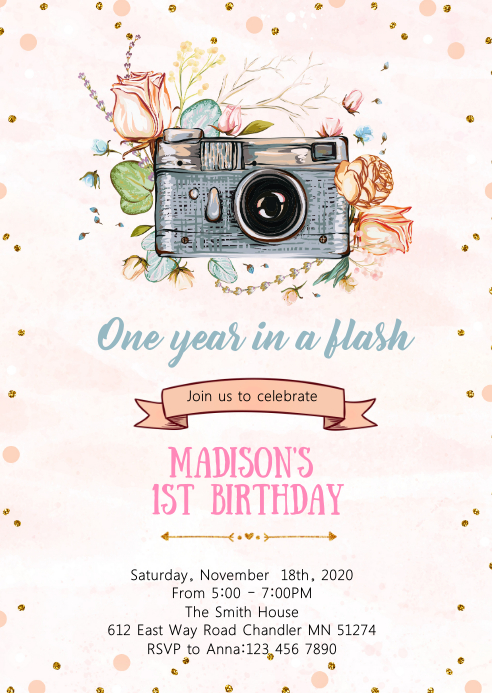 Floral Camera birthday party invitation Template | PosterMyWall