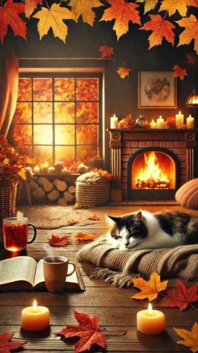 Floral Cozy Autumn Fireplace With Candles And Sleeping Cat Digital ...