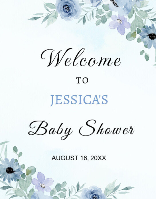 Floral Dusty Blue Flowers, Greenery Baby Shower Welcome Sign  Poster/wallboard template