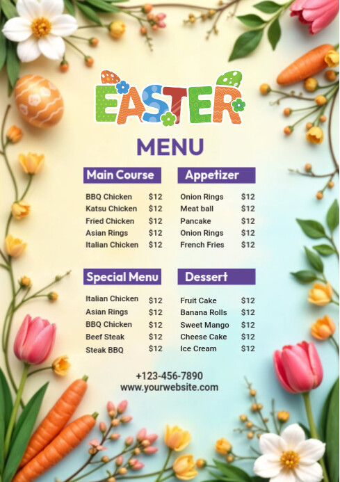 Floral Easter Menu A4 Template | PosterMyWall