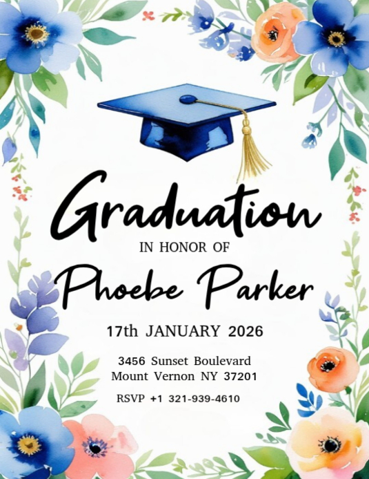 Copy of floral graduation invitation blue graduation cap | PosterMyWall