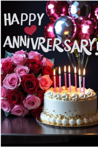 Floral Happy Anniversary Roses And Cake Celebration  Poster template