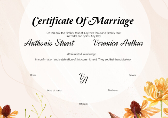 Floral Marriage Certificate  A4 template