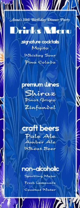 Floral Modern & Minimal Clean Blue Lively Drinks Menu Half Page Letter template