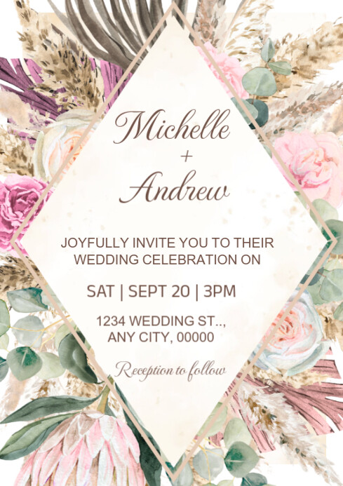 Floral Modern Boho Wedding Invitation Template  A4