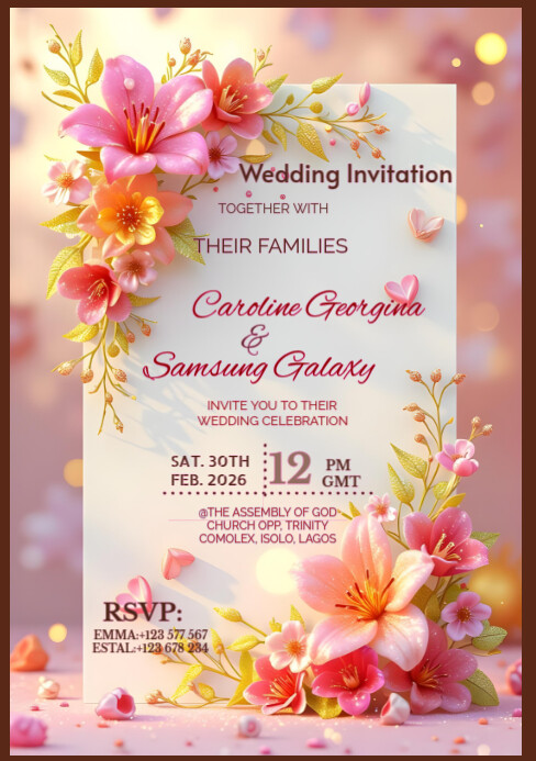 Floral Pink Wedding Invitation Card  A5 template