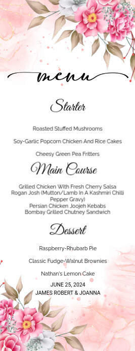 Pink Flowerbackdrop Menu Copy of Floral Pink Wedding Menu Template | PosterMyWall