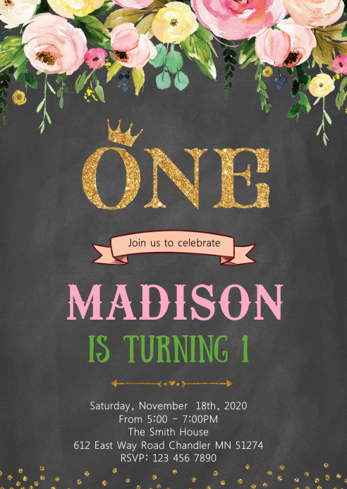 Floral Princess 1st Birthday Invitation Template Postermywall