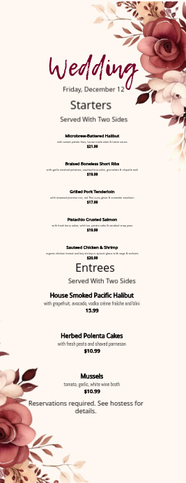 Floral Red-beige Modern Wedding Menu  Half Page Letter template