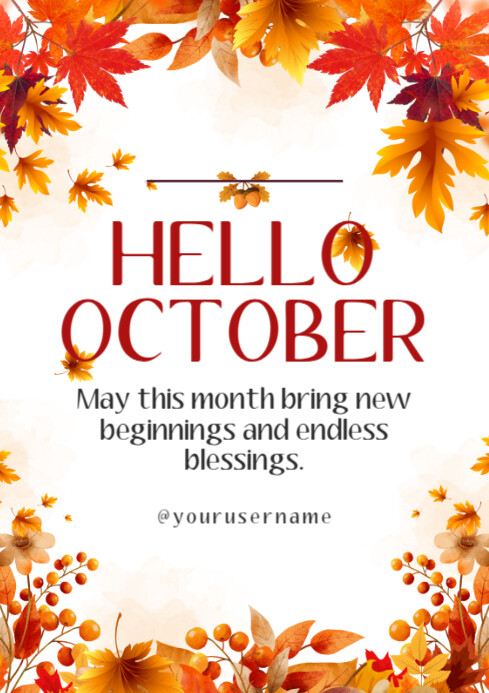 Floral Red Orange And White Illustrated Hello October Poster A4 ...