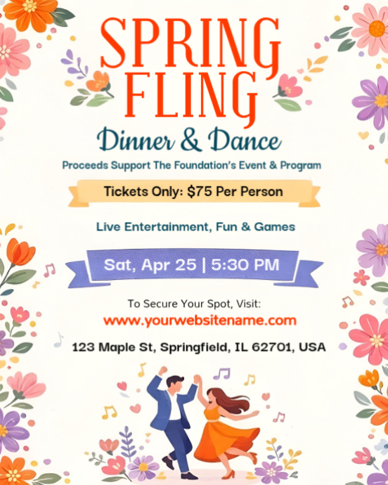 Floral Spring Fling Dinner & Dance Fundraiser Flyer Template | PosterMyWall