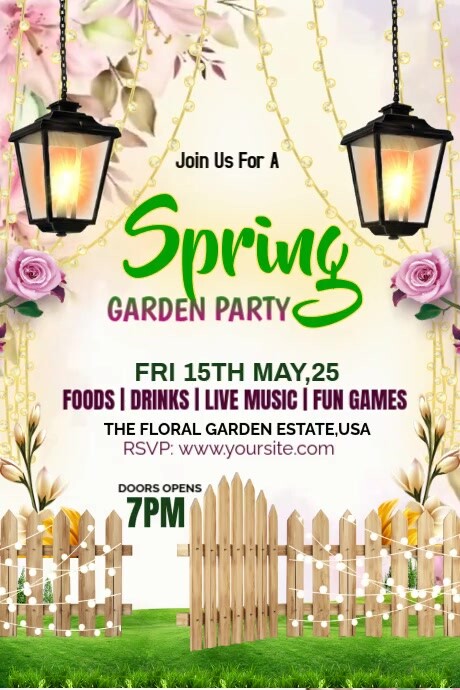 Floral Spring Garden Party Invitation Animated  Poster Cartaz template