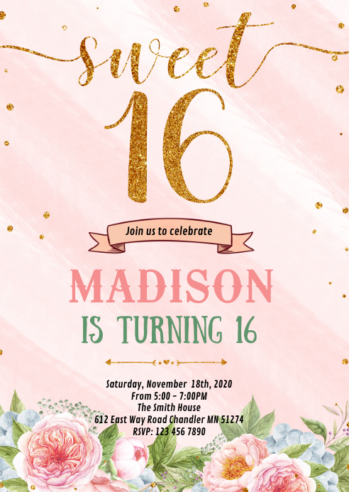 Floral sweet 16th birthday invitation Template PosterMyWall Floral sweet 16th birthday invitation Template PosterMyWall
