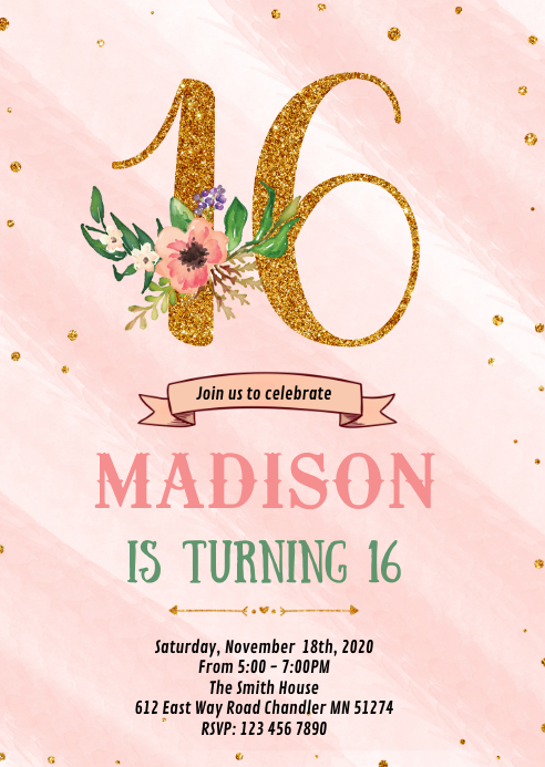Floral sweet 16th birthday invitation Template PosterMyWall Floral sweet 16th birthday invitation Template PosterMyWall