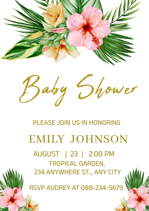Floral Tropical Baby Shower Invitation Template, Luau Theme  A4