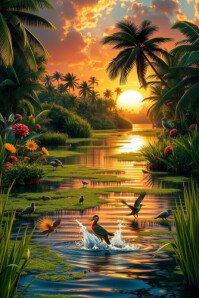 Floral Tropical Sunset Paradise Background Poster template
