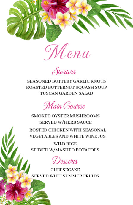 Floral Tropical Wedding Menu Template  Half Page Wide Halfbladsy Breed