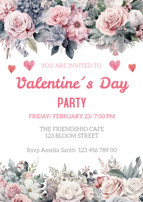floral Valentine's Day Party Invitation Template A6