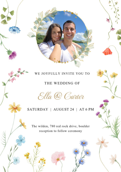 Floral Wedding Invitation With Photo A5 template