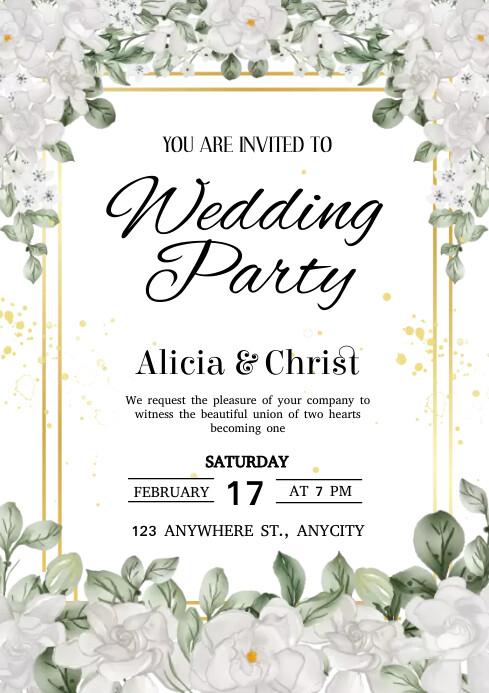 White Color Invitation Floral white Wedding Party Invitation Template | PosterMyWall