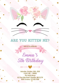 Flower kitty cat birthday invitation A6 template