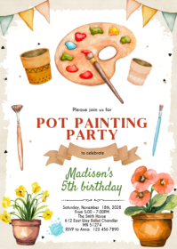 Flower Pot Painting Birthday Party Invitation A6 template