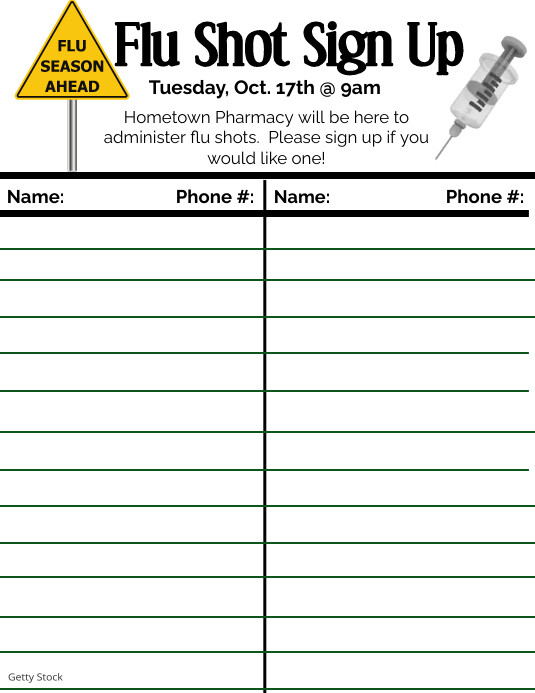 Flu Clinic Flu Shot Vaccine sign up sheet Flyer (Letter pang-US) template