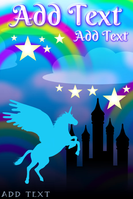flying unicorn pegasus with fairytale castle and rainbow Plakat template