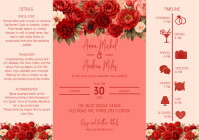 Foldable printable red wedding, details and timeline card A4 template