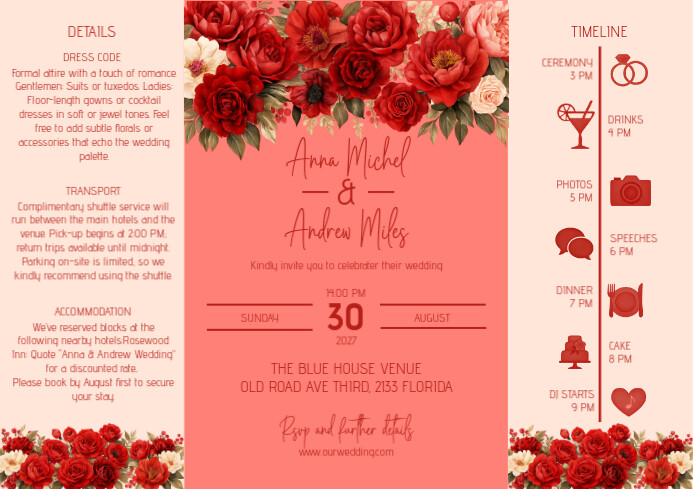 Foldable printable red wedding, details and timeline card A4 template