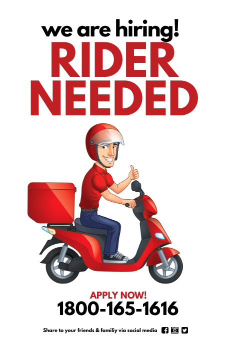 Food Delivery Rider Needed Hiring Template | PosterMyWall