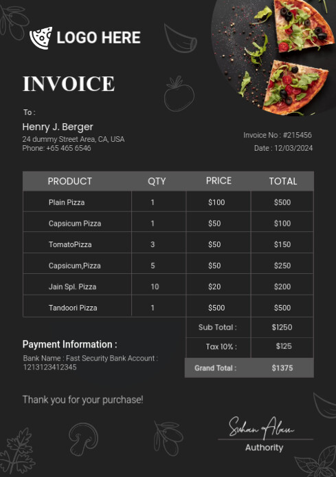 Food Invoice template for restaurant | PosterMyWall