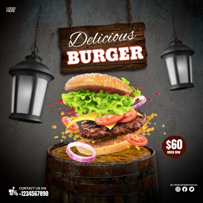 Food Menu And Delicious Burger Instagram Soci Template | PosterMyWall