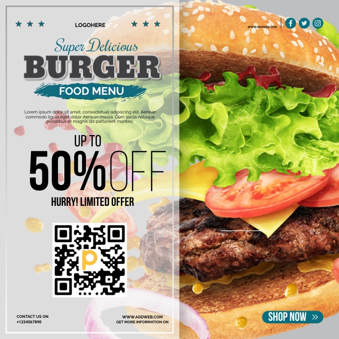 Food Menu And Delicious Burger Instagram Soci Template | PosterMyWall