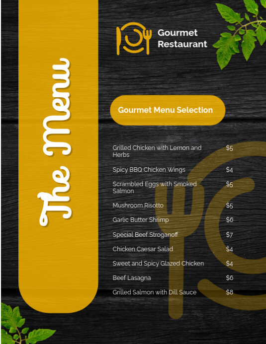 Food Menu Template - Black, White & Yellow | Minimalist Design Flyer (us Letter)