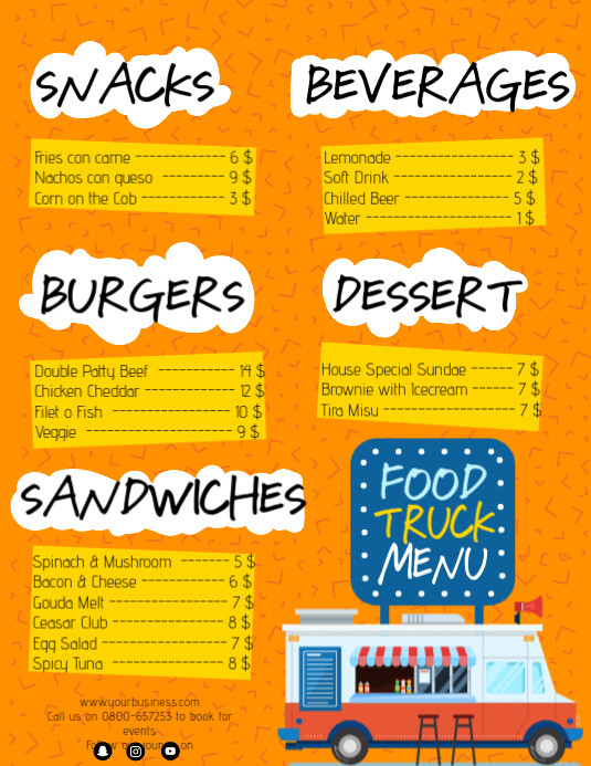 Food Truck Menu Digital Signage Folheto (US Letter) template
