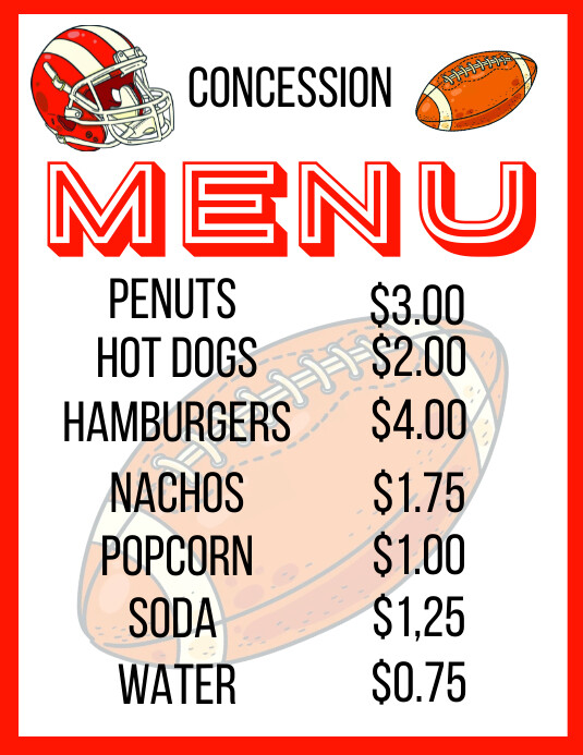 Football Concession Menu PRINTABLE Pamflet (Letter AS) template