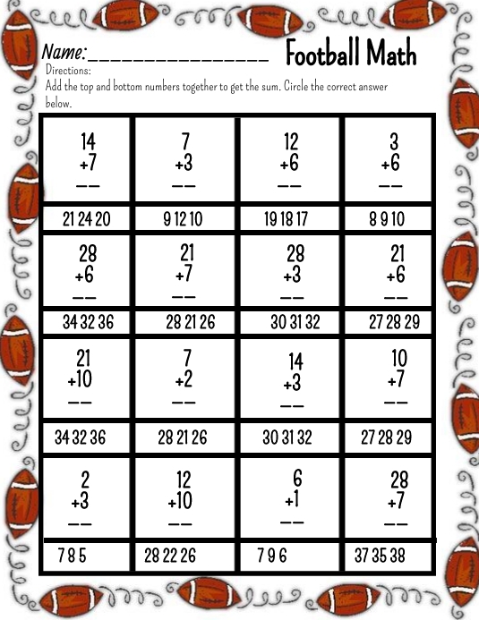 Football Math Addition Worksheet PosterMyWall football-math-addition-worksheet-postermywall