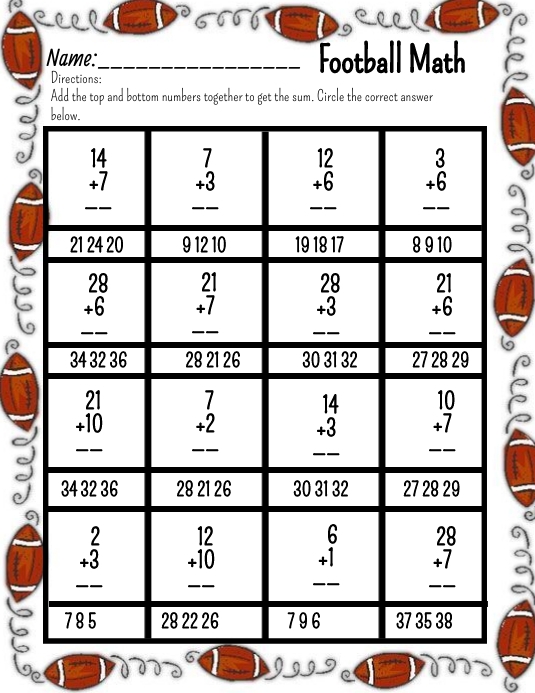 Football Math Addition Worksheet Folder (US Letter) template