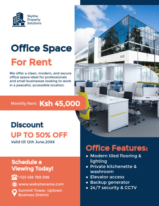 For Rent Commercial Space Flyer Folheto (US Letter) template