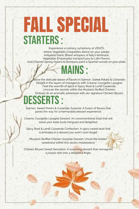 Free Fall Autumn Menu Template , autumn speci | PosterMyWall