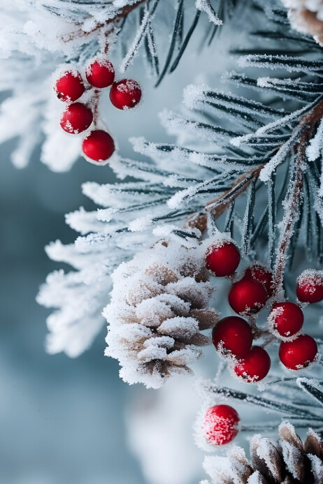 Copy of Frosted Pine Branches with Red Berries and Cones | PosterMyWall